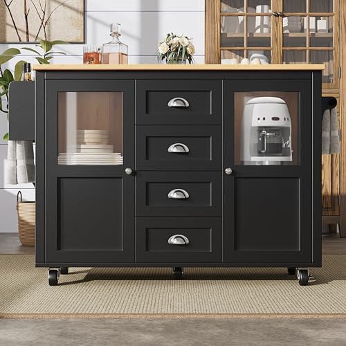 NADEUSAK Isola da cucina, armadio a buffet, carrello da cucina estraibile con ruote, porta asciugamani, portaspezie, ripiani regolabili, due porte, quattro cassetti (nero)