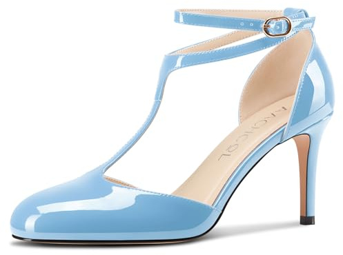 Aachcol Womens Round Toe T-Strap Stiletto High Heels Ankle Strap Mary Jane Pumps Office Party Dress Shoes 3.2 Inches Heels Sky Blue 10.5 M US