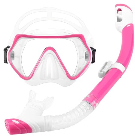 CUEMOON snorkelset, dykglasögon med snorkel, silikon dykmask dykglasögon torr snorkel silikonmaterial snorklingsset, justerbar elastisk simglasögon snorkelmask rosa