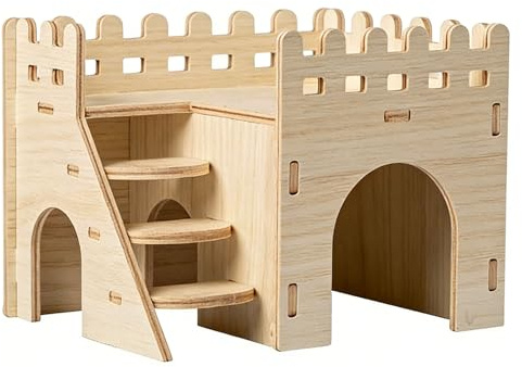 Castle Design Wooden Pet House with Stairs and Platforms, Multi-Level Small Animal Hideout and Playhouse, Natural Wood Hamster Cage Accessory for Climbing and Playing (style 3)