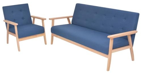 Augerqir Juego de sofá de 2 piezas, tela azul con estructura de madera maciza, sofá de 3 plazas y sillones, cómodo conjunto de tapicería para salón o oficina, fácil montaje
