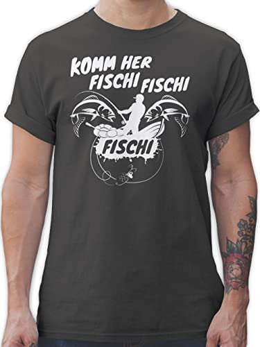 T-Shirt Herren - Angler Geschenke & Angeln Zubehör - Komm her Fischi - L - Dunkelgrau - fischen-t-Shirt Oberteil mit Spruch sprüche Fisch Shirt angelbekleidung spruchshirts sprueche Fische