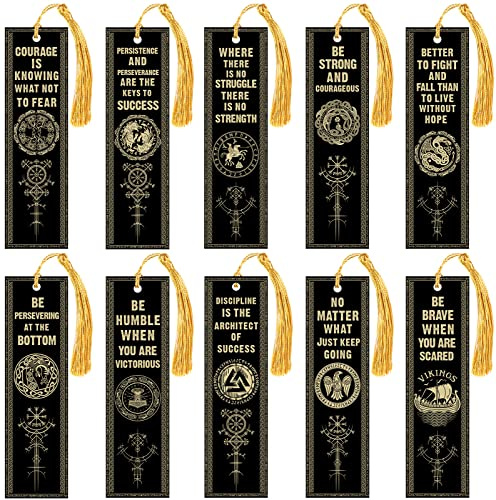 10 Pcs Motivational Bookmarks for Men Christmas Nordic Vikings Bookmarks with Tassels Celtic Book Marker PVC Scandinavian Vikings Book Marks for Xmas Office Employee Teacher Classroom Reader Gift