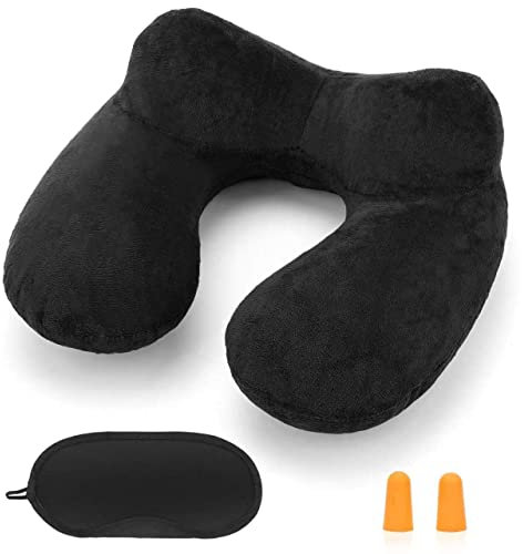 HITSZS Almohada de Viaje Hinchable Cojin de Viaje Cuello para Avión con Terciopelo Suave Funda Lavable en avión, Tren, Coche, Oficina, casa, con máscara de Ojos y Tapones para los oídos