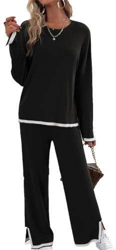 LIAOPUFUS Donna Completi due Pezzi con Pantalone Abito Casual Lavorato A Maglia Tinta Unita Top Sfoderato Pantaloni a Maglia a Gamba Larga Set in Due Pezzi OL Stile Lavoro(1-nero,L)
