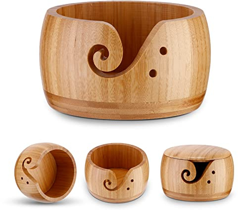 ALLOMN Ciotola in legno per lavori a maglia, supporto per lana, ciotola in bambù per lavori a maglia, organizer per lana, accessori per riporre oggetti con coperchio, per lavori a maglia e uncinetto