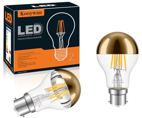 KOOYWAN B22 Bayonet Gold Crown Light Bulb-Dimmable 6W A60 A Shape Decorative Classic LED Edison Bulb Gold Mirror Tipped Reflected Light 2700K Warm White-Pack of 2