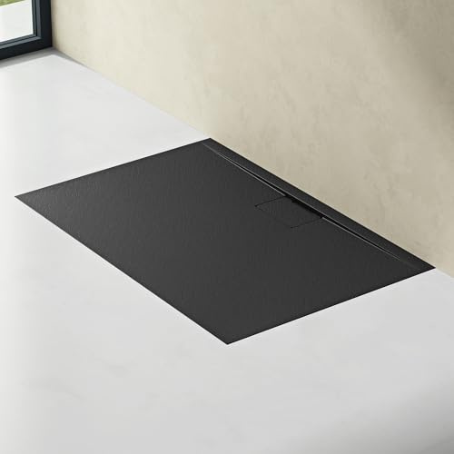 doporro Duschtasse Duschwanne 80x120x3 flach Mineralguss in Anthrazit DIN-Anschlüsse für bodengleiche Montage geeignet Geoma07