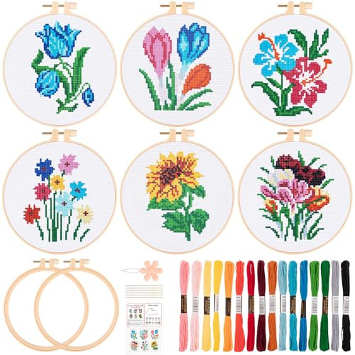 JSRQT 6 pezzi Fiori Kit Punto Croce per Principianti Adulti Bambini, Kit per Ricamo a Punto Croce Fatto a Mano per Amanti Fai da Te con Strumento, 2 Telai da Ricamo, Istruzioni, Ago e Filo