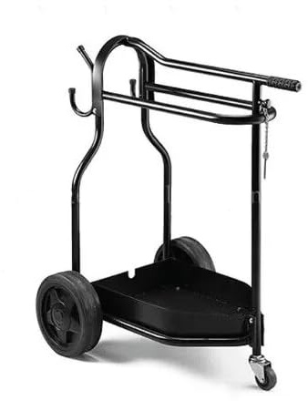 Equimed Saddle Trolley - 2 Wheeled Portable Folding Cart for Transporting Saddles, Tack and Other Gear - Solid Black Steel with Robust Metal Hooks for Hanging and Accessory Storage Shelf