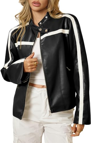 Tankaneo Womens Faux Leather Bomber Jackets Zip Up Color Block Moto Biker Jacket Casual Vintage Y2K Racing Coat