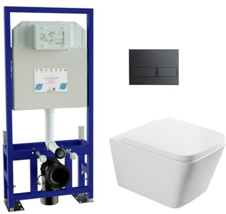 Pack Inodoro Suspendido Blanco Brillo y Cisterna Empotrada Autoportante con Pulsador Negro | Inodoro Blanco Brillo Rimless Sin Borde de Fondo Reducido y Asiento Extrafino con Caida Amortiguada