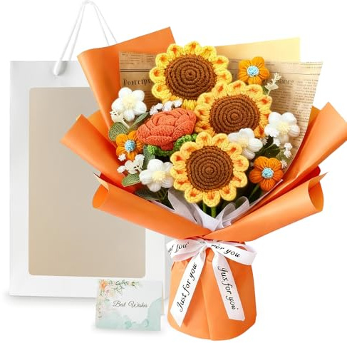 Crochet Flowers, Handmade Bouquet of Flowers, Knitted Sunflower Flower Bouquet for Home Decor, Wedding, Anniversary, Mother's Day, Birthday Gifts for Mother & Her, Preserved Orange Floral Arrangement