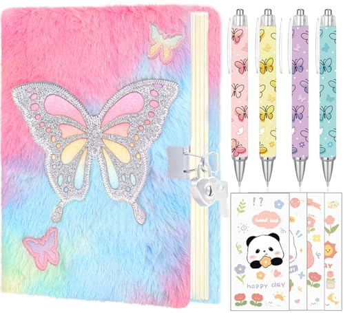 Fluffy Butterfly Diary with Lock for girls, 6 7 8 year old girl Birthday Gifts, Princess Diaries Girls diary journals, Back to School Supplies Notebook, Birthday Christmas Gifts for daughter granddaughter niece