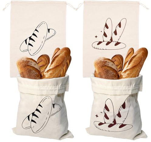 Lot de 4 Sac à Pain Coton Lin, 40 X 30 cm Sac Tissu Cordon Sacs de Conservation du Pain en Lin et Coton pour Pain Artisanal Baguette (blanc cassé)