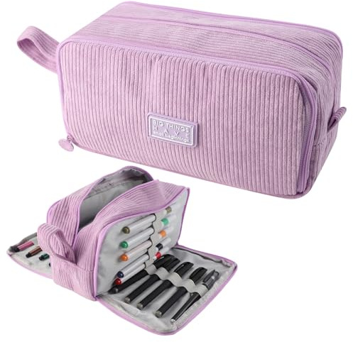 MHwan Estuche Escolar 3 Compartimentos, de Pana, con Asa, Grandes | Resistente y Ligero, Estuches Ideal para Niñas, Niños, Adolescentes, Adultos, Escuela y Oficina (Morado)