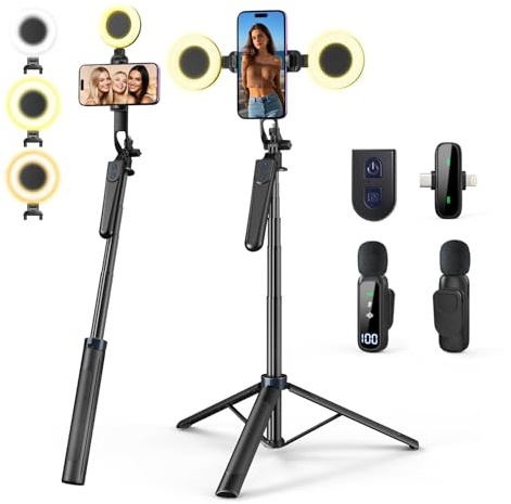yAyusi Kit Vlogging per iPhone/Android, Bastone per Selfie con Treppiede da 180 cm, con Luce di Riempimento, Telecomando e Microfono, Kit Essenziale per Creatori di TikTok/YouTube/Contenuti