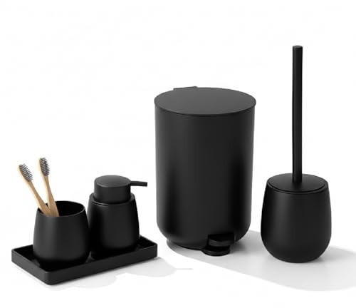 IlGruppone Set Accessori Bagno 6 Pezzi in ABS Completo – Pattumiera con Pedale, Scopino WC, Dispenser Sapone, Porta Spazzolini, Bicchiere e Vassoio Antiscivolo Design Moderno e Resistente - Nero
