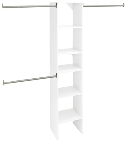 ClosetMaid SuiteSymphony Small Closet Organizer Starter Kit with Tower and 3 Hang Rods, Shelves, Adjustable, Customizable Wardrobe Organizer System, Reach-In or Walk-In Closets, Pure White