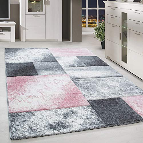 HomebyHome Teppich Wohnzimmer 120x170 cm Rosa Kariert Konturschnitt Design - Schlafzimmer Teppich Kurzflor Extra Weich Pflegeleicht Teppiche für Küche Esszimmer Jugendzimmer - Carpet Living Room