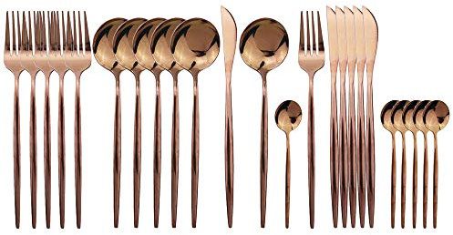 JASHII 24 Pieces 304 Stainless Steel Rose Cutlery Set Home Kitchen Silverware Set, Mirror Polished, Knife/Fork/Spoon, Modern Elegant Silverware Set for Party, Christmas