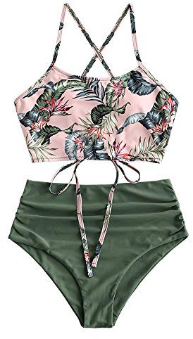ZAFUL Damen Zweiteiliger Bikinis, gepolsterter Badeanzug mit Blattdruck Schnür-Tankini Oberteil hochtaillierte Shorts gemischter Badeanzug (Blätter-Grün, M)