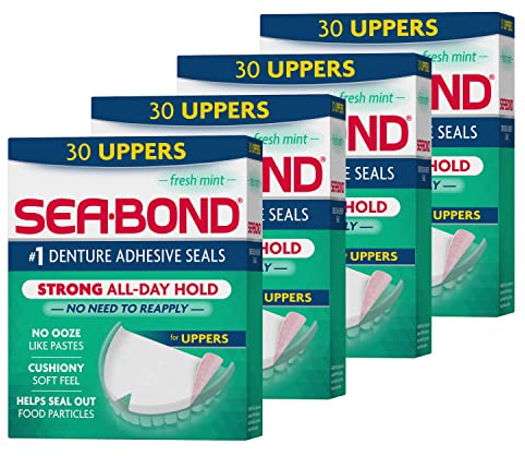 Sea-Bond Secure Denture Adhesive Seals, Fresh Mint Uppers, Zinc-Free, All-Day-Hold, Mess-Free, 30 Count (Pack of 4)
