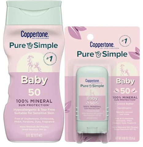 Coppertone Pure and Simple Baby Mineral Sunscreen Lotion SPF 50 (6 Fl Oz) + Baby Sunscreen Stick SPF 50 (0.49 Oz), Hypoallergenic and Fragrance Free