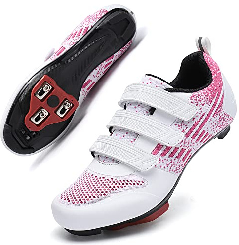 Unisex Road Bike Cycling Shoes Compatible with Peloton Shimano SPD Bike Riding Shoes for Men Women, 3 Straps, Pre-Installed Delta Cleats for Indoor Outdoor Cycling Biking Size 6(White-Pink)