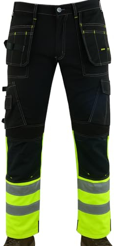 WrightFits Flash Pro Hi Vis Work Trousers for Men – Heavy Duty Combat Hi Vis Workwear with Knee Pad Pockets – Triple Stitched Work Trousers Men with Multi Pockets (32W X 31L) Yellow