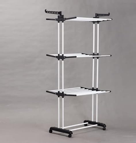 DDMINE Séchoir à Linge Tour 3 Niveaux Ailes Pliables, Etendoir à Linge à 4 Roues, Séchoir à Linge Pliable, Ultra Stable, Grande Capacité, Tubes en Acier Inoxydable, 75 * 64 * 170cm (Schwarz Weiß)