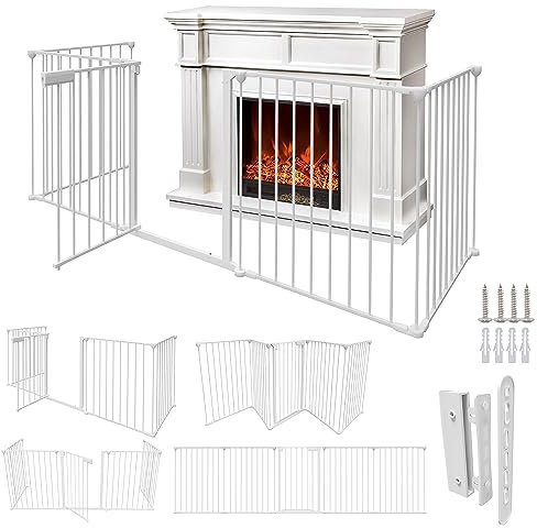 Ansobea Kaminschutzgitter mit Tür 310 cm Metall -Faltbarer & 5-teilig, Kamingitter mit Türschloss, Treppenschutzgitter für Kinder und Haustiere-Sicherung (Weiß)