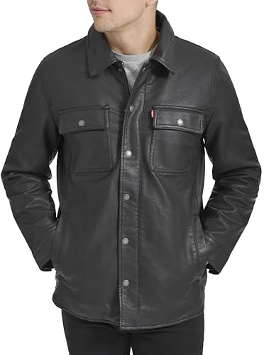 Levi's Men's Buffed Cow Faux Leather Hooded Trucker Jacket, New Black, M