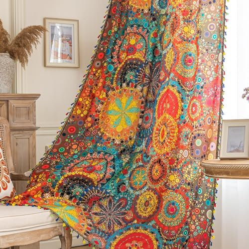 Erbnaryx Boho-Vorhänge, geometrische Lichtfilterung, halbverdunkelnd, Fenstervorhänge, 160 cm, lange Stangentaschen, Vorhänge für Wohnzimmer, 2 Paneele, bunt gepunktet
