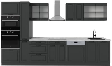 Vicco Küchenzeile R-Line, Anthrazit Landhaus/Anthrazit, 350 cm, AP Marmor, zur flexiblen Erweiterung durch zusätzliche Module geeignet