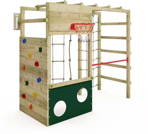 Fatmoose Klettergerüst Spielturm CleverClimber Club XXL, Outdoor Kinder Kletterturm mit Reckstange, Kletternetz, Basketballkorb, Kletterseil & Kletterwand für den Garten - grün