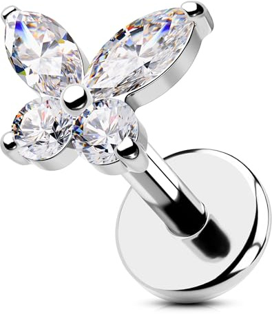 OUFER Body Piercing 18G Surgical Steel Lip Piercing Hypoallergenic Butterfly Helix Stud Clear Cubic Zirconia Tragus Conch Labret Piercing Jewelry 6/8mm Flat Back Earring