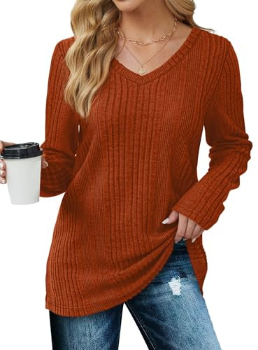 WIHOLL Women's Jumpers Lightweight Ladies Long Sleeve Tops V Neck Tunic Sweaters 2025 Clothing Plus Size 18-20 Caramel XL