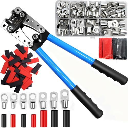 Battery Cable Crimping Tool,AWG 10-1/0 Lug Crimper with 100pcs Heat Shrink Tubing and 60pcs Copper Wire Lugs,0 Gauge Wire Crimper with 8 Sizes Cable Lugs Set for Battery Cable Terminals