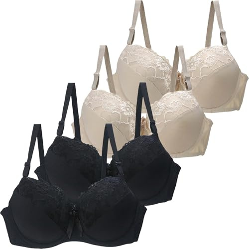 Lot De 4 Soutien Gorge Femme Sexy avec Armature Grande Taille Dentelle Lingerie Française À Maintien Supérieure Push Up Anti-Affaissement Soutiens-Gorge Bretelles Réglables Sport Yoga