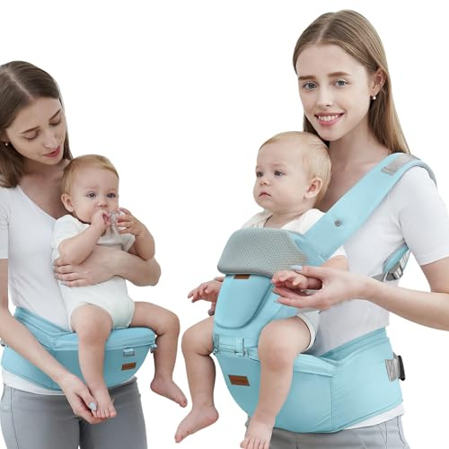 Baby Carrier with Hip Seat, Baby Carrier Newborn to Toddler up to 44lbs, 6-in-1 Ways to Carry, All Seasons, Adjustable Baby Holder Carrier for Breastfeeding(Baby Blue)
