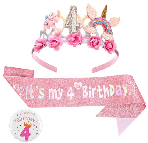 Birthday Decorations for Girls with Floral Crown, Glitter Sash and Badge | Birthday Girl Headband Set for Birth Day Decorations Girls,Princess Crown Hats Girl Headband for Kids