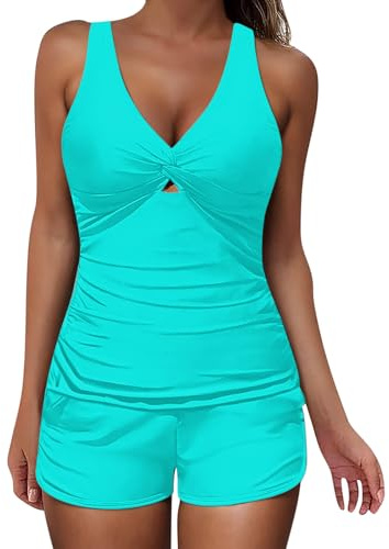 2 Piece Tankini Swimsuits for Women Plus Size Padded Tummy Control Swimwear Push Up Swimming Costumes with Boyshorts Solid Color Bathing Suit Beachwear