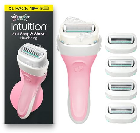 Wilkinson Sword Intuition 2-i-1 tvål och rakning närande damrakapparat, integrerad vegansk tvål, XL-förpackning, rakhandtag för kvinnor plus 5 ersättningsblad
