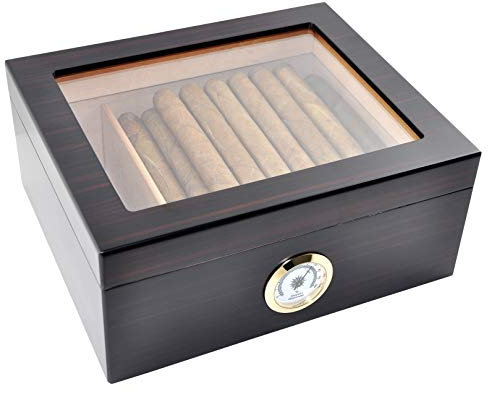 Eitida Sigari Humidor Custodia Contiene 25-50 Sigari,Superiore in Vetro Temperato, Regali Per Sigari Da Uomo,Umidificatore Da Tavolo In Legno con Divisore E Igrometro Frontale Nero.