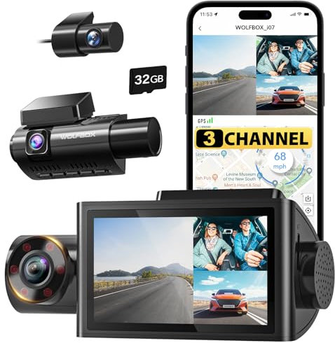 WOLFBOX i07 Dash Cam with WiFi GPS, 3 Channel/Triple 4K+1080P Dash Camera Front and Inside, 2.5K 1600P+1080P+1080P Dash Cam Front Rear and Cabin, 3 LCD Super IR Night Vision, Smart Parking Monitor
