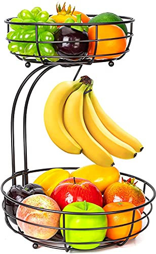 Mutool Fruit Basket, 2-Tier Fruit Bowl with Banana Hanger, Kitchen Countertop Rack, Metal Bowls Perfect for Holding Fruit, Vegetables, Snacks, Cupcakes (Black)