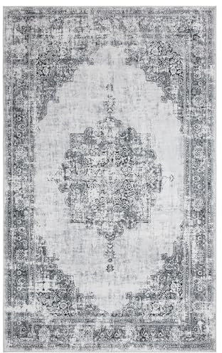 Vintage Teppich - Weich - Maschinenwaschbar - rutschfest - Premium Polyester Fasern - Silber - 120cm x 160cm