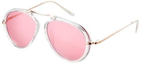 Komonee Pilot Bar Sunglasses Rose Gold Clear Frame Pink Lens Tint Glasses Designer Ladies Womens UV400 Protection Classic Shades