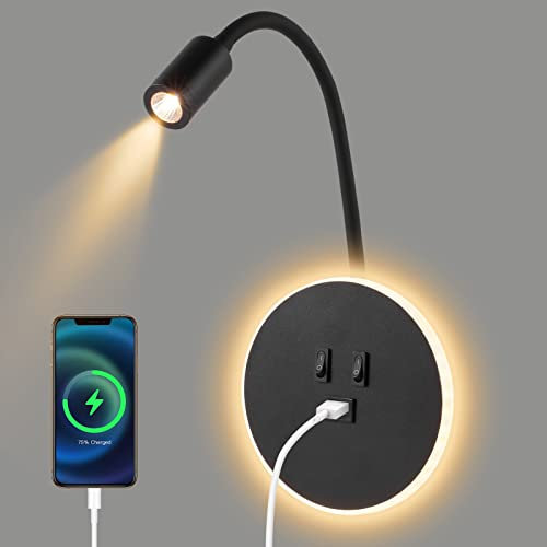 Lampada da Parete a LED, Lampada da lettura flessibile da comodino a collo di cigno, 3W+9W Luci da comodino a LED con Porta di Ricarica USB